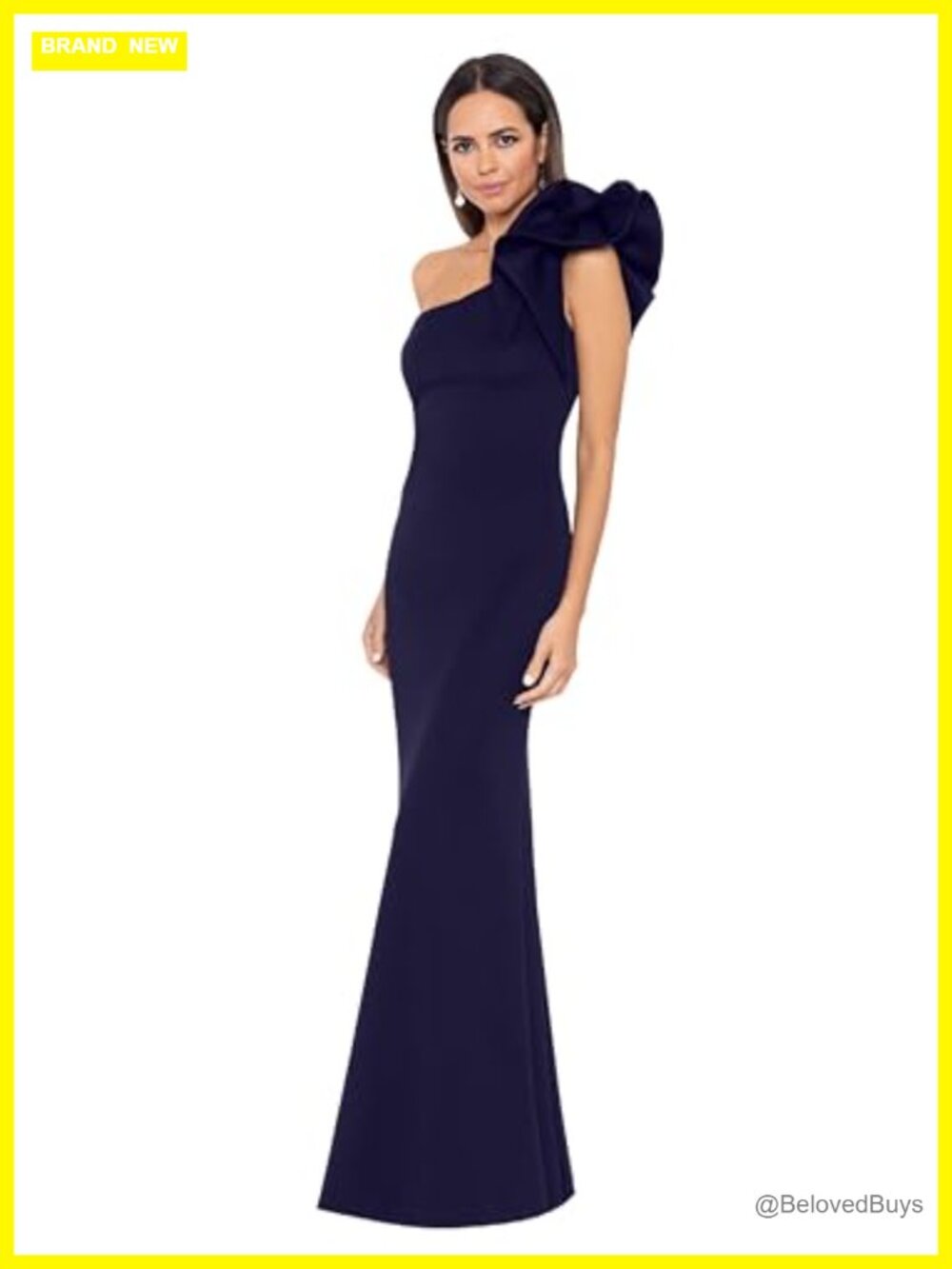 One Shoulder Floor Length Fit and Flare Evening Gown with Satin Bow Detail
